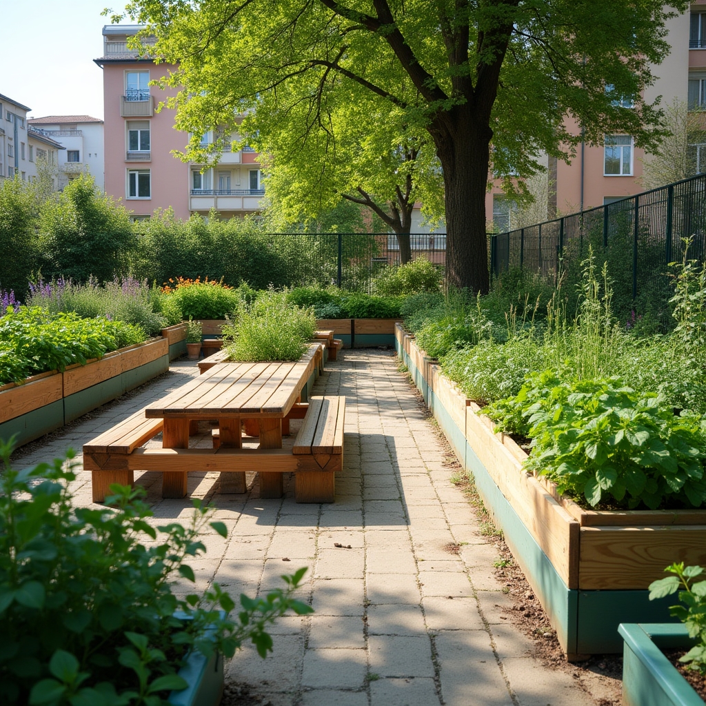 Grădină urbană amenajată cu jardiniere și mobilier din paleți